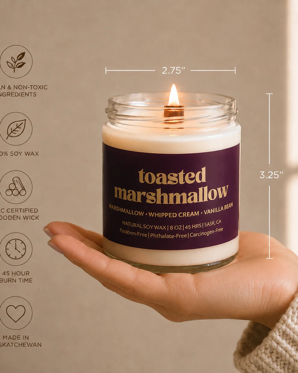 Prairie Creek Candle Toasted Marshmallow 8oz candle lifestyle — Cloud Nine Pajamas Edmonton