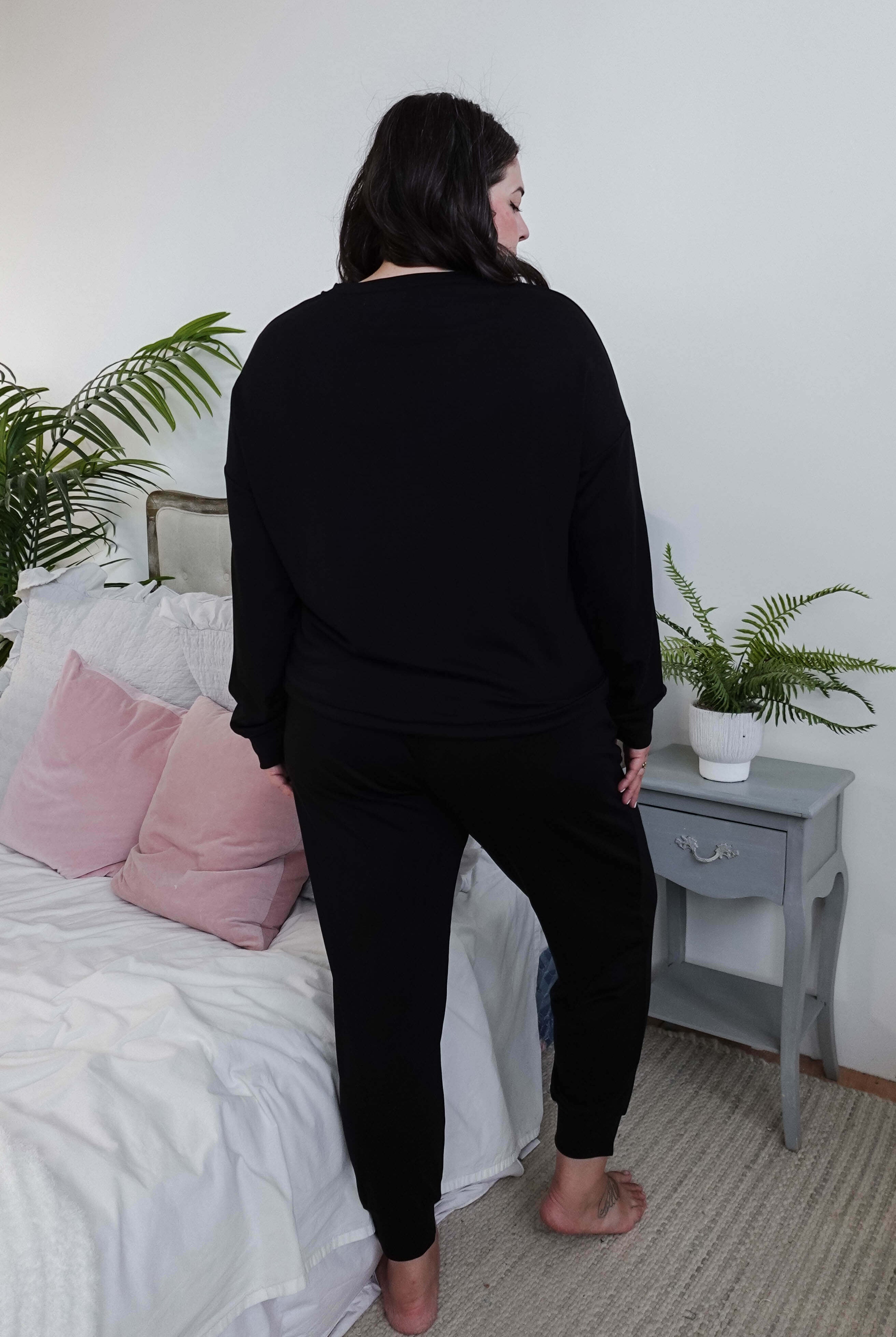back view of black long sleeve jogger lounge bamboo set
