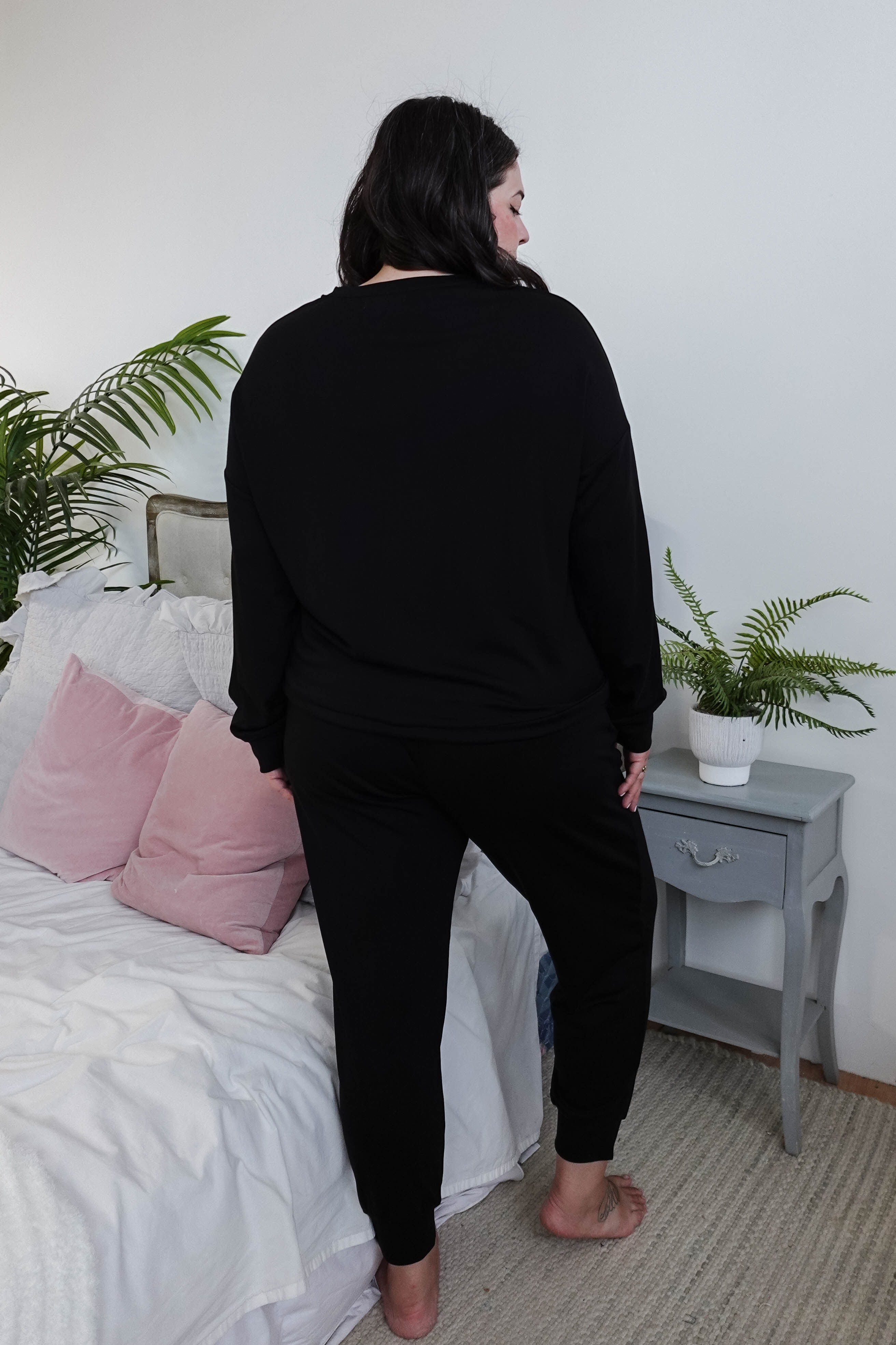 back view of black long sleeve jogger lounge bamboo set