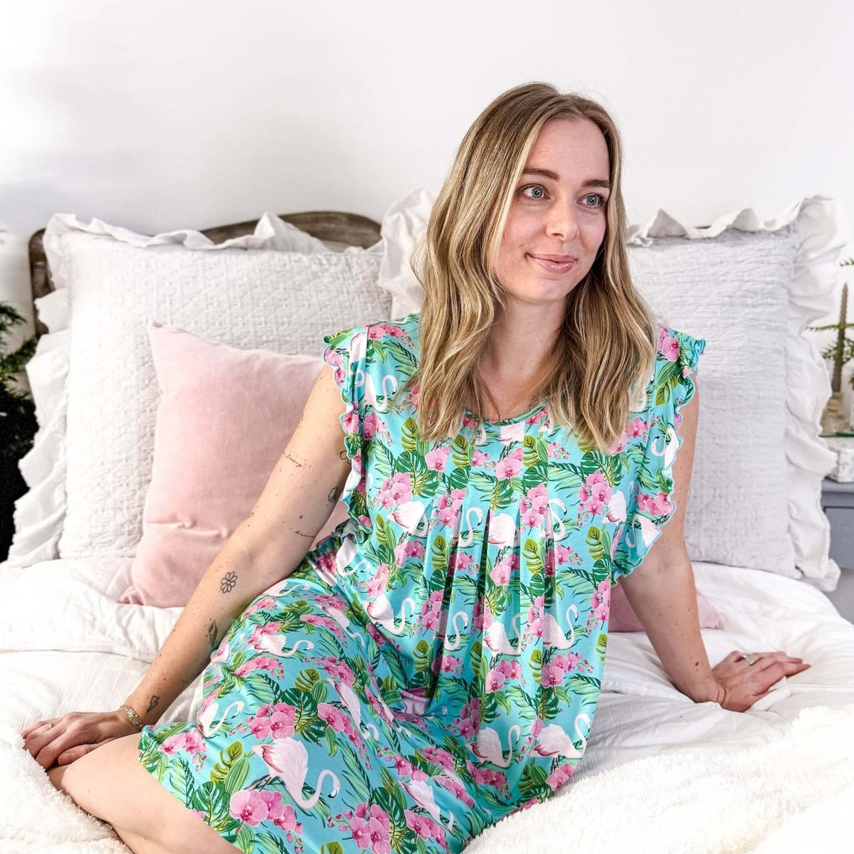 Tropic Like It's Hot Flutter Bamboo Nightgown Georgia Rylan women's tropical print flamingo nightgown