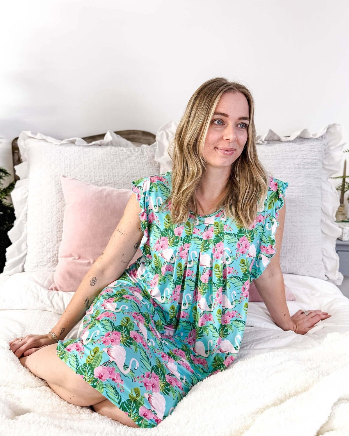 Tropic Like It's Hot Flutter Bamboo Nightgown Georgia Rylan women's tropical print flamingo nightgown