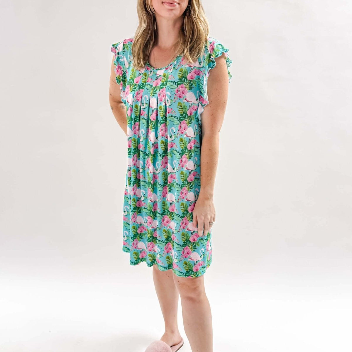Tropic Like It's Hot Flutter Bamboo Nightgown Georgia Rylan women's knee length tropical print flamingo nightgown