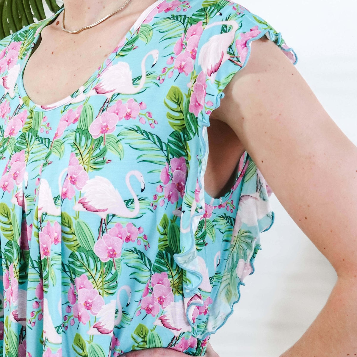 Tropic Like It's Hot Flutter Bamboo Nightgown Georgia Rylan showing underarm panel for coverage