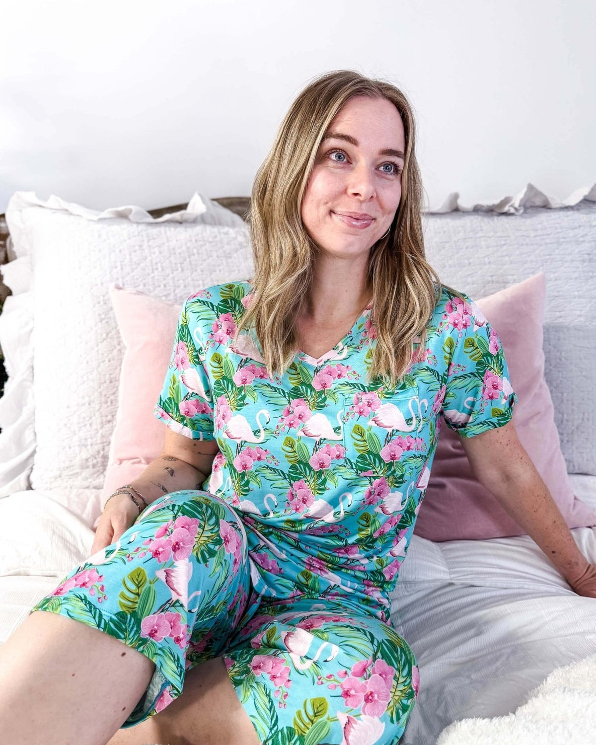 Tropic Like It's Hot Print Tee & Capri Bamboo PJ Set | GEORGIA RYLAN women's loungewear or pyjama set in a tropical flamingo print, classic tee shirt and capri set