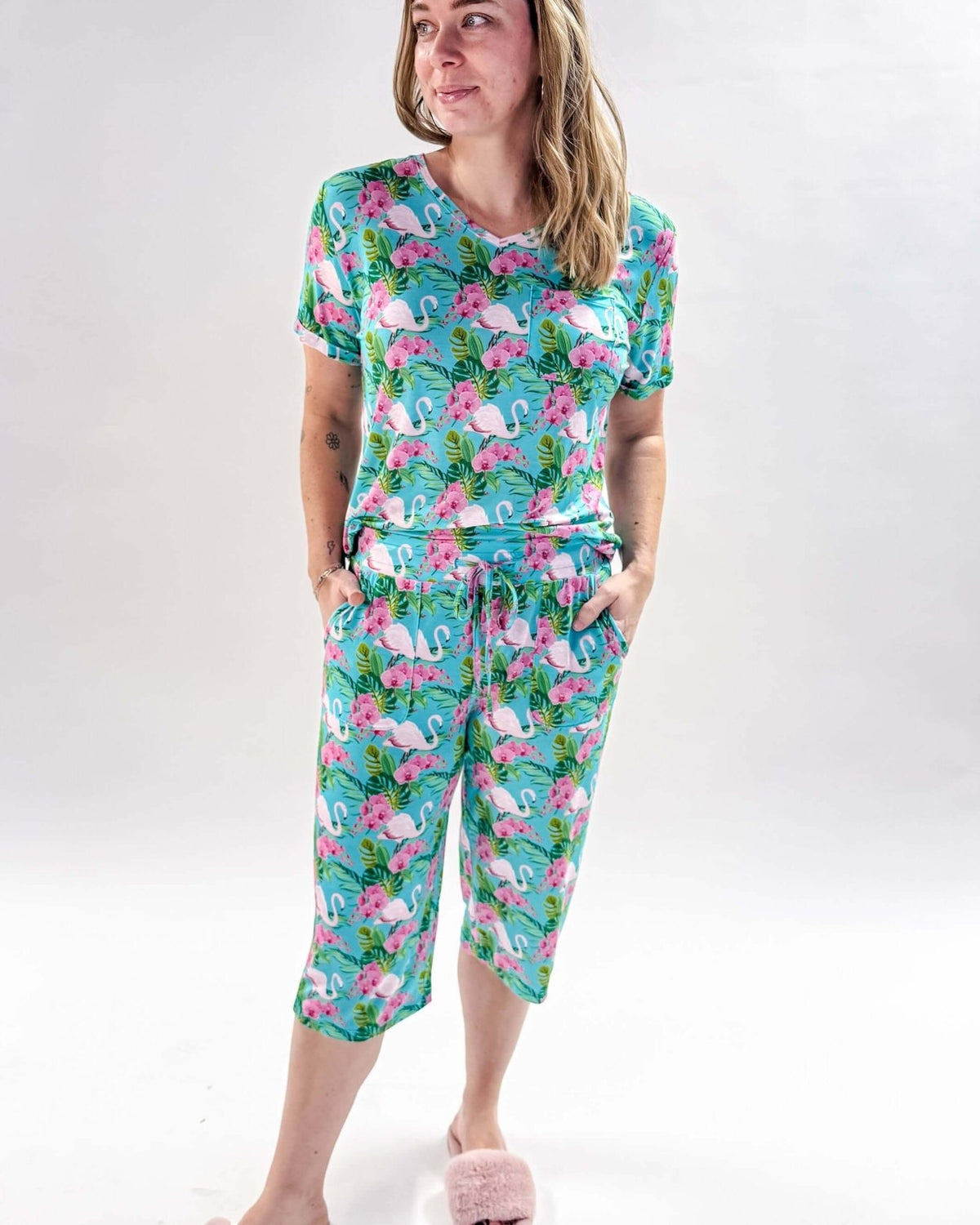 Tropic Like It's Hot Print Tee & Capri Bamboo PJ Set | GEORGIA RYLAN women's loungewear or pyjama set in a tropical flamingo print, classic tee shirt and capri set