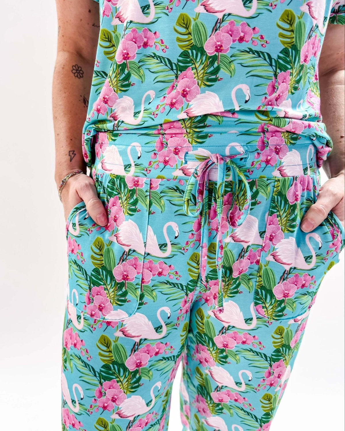 Tropic Like It's Hot Print Tee & Capri Bamboo PJ Set | GEORGIA RYLAN women's loungewear or pyjama set in a tropical flamingo print, classic tee shirt and capri set, close up of drawstring and pockets