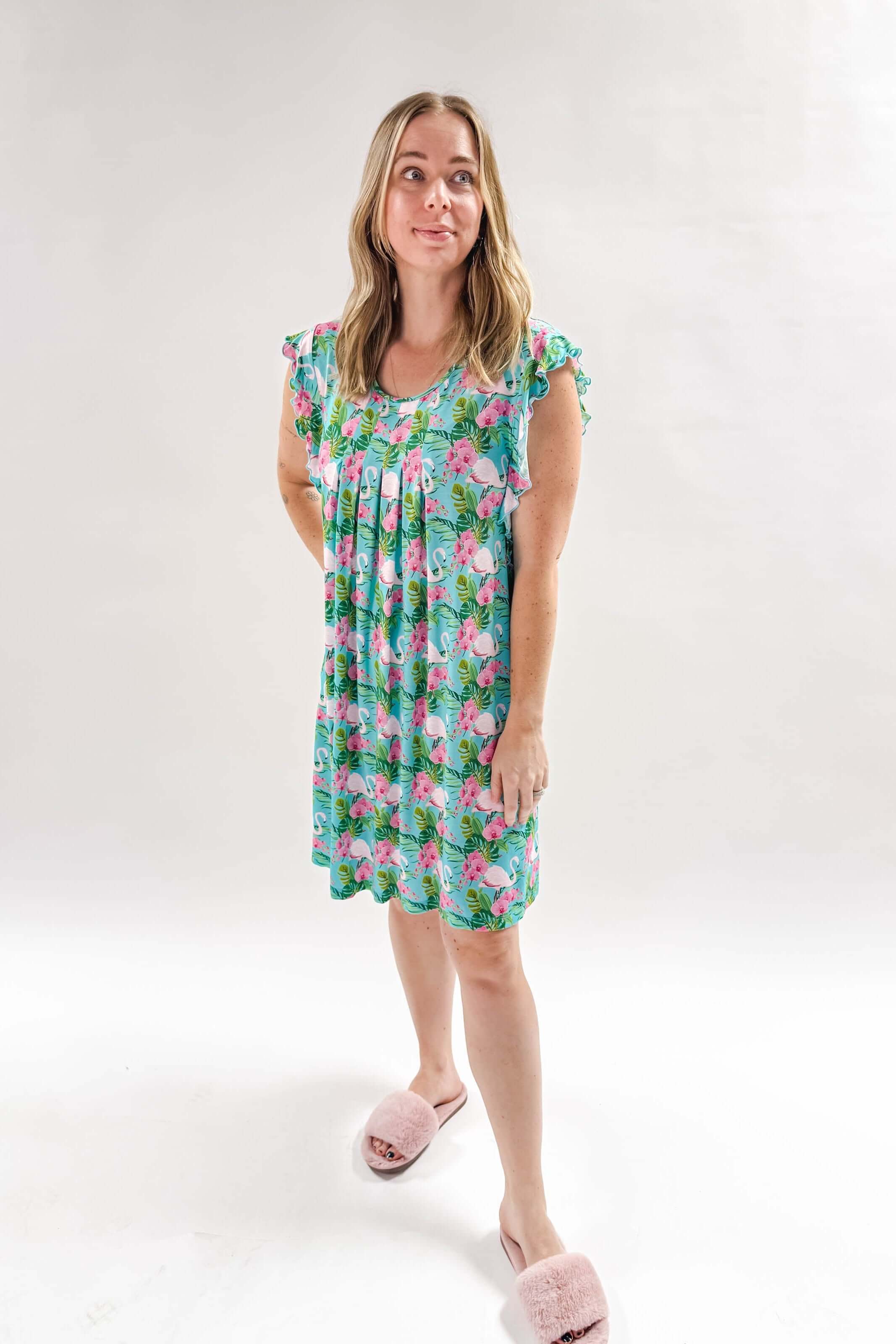 Tropic Like It's Hot Flutter Bamboo Nightgown Georgia Rylan women's knee length tropical print flamingo nightgown