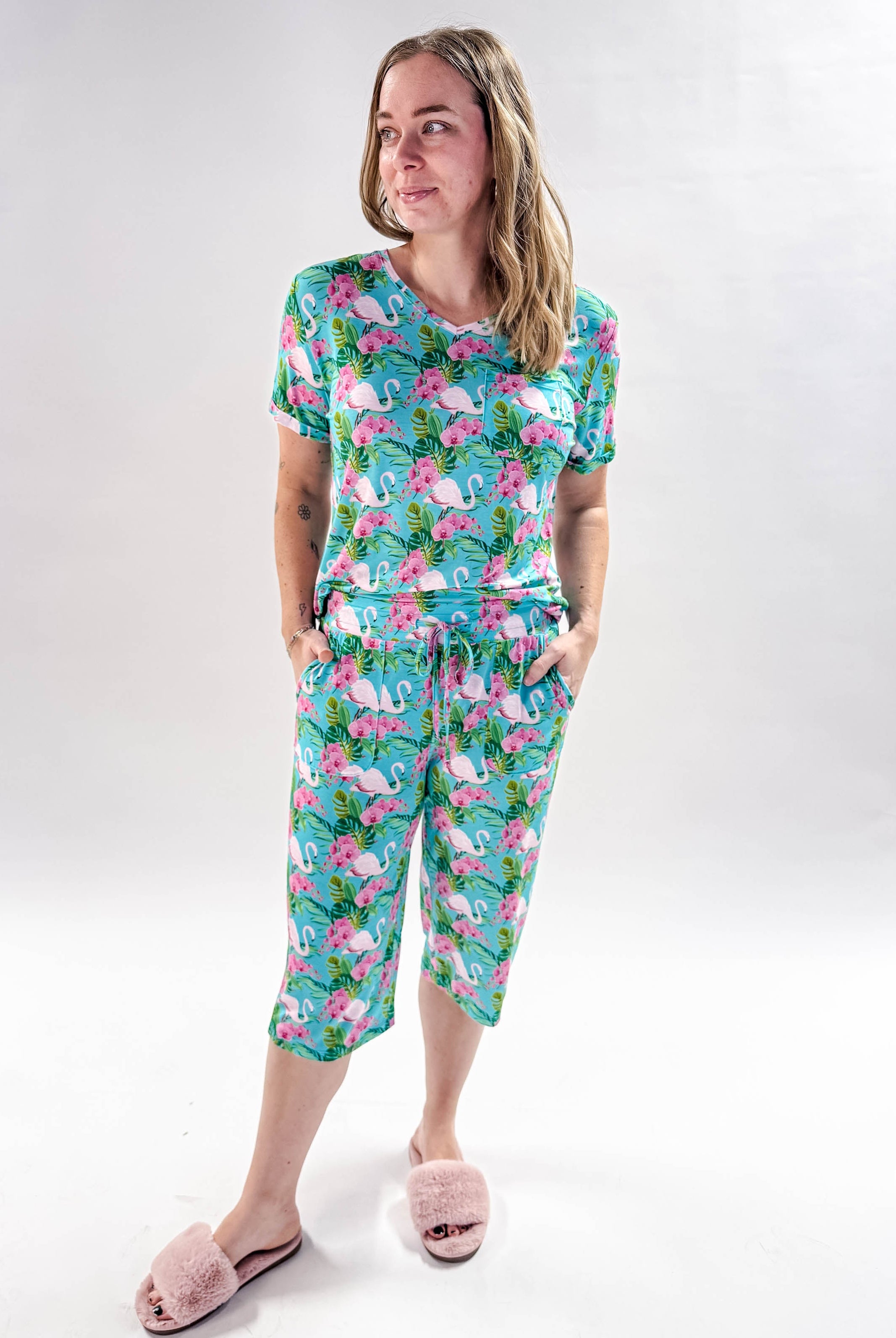 Tropic Like It's Hot Print Tee & Capri Bamboo PJ Set | GEORGIA RYLAN women's loungewear or pyjama set in a tropical flamingo print, classic tee shirt and capri set