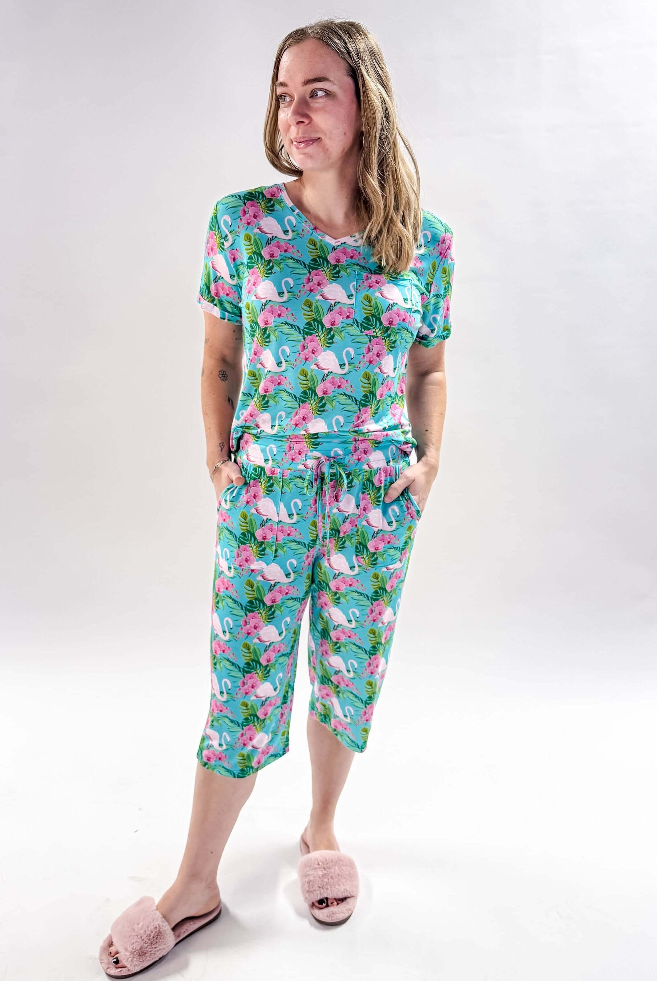 Tropic Like It's Hot Print Tee & Capri Bamboo PJ Set | GEORGIA RYLAN women's loungewear or pyjama set in a tropical flamingo print, classic tee shirt and capri set