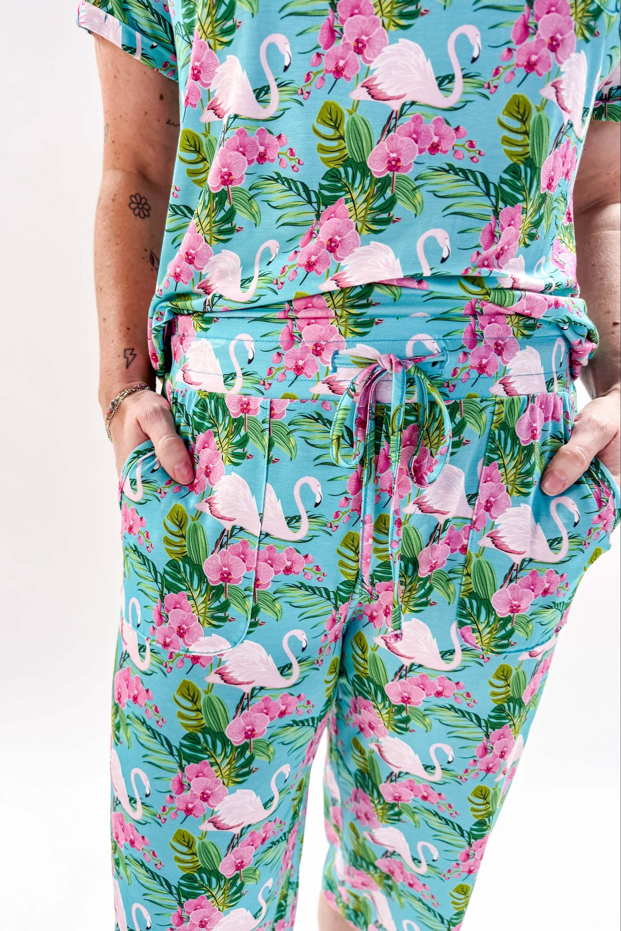 Tropic Like It's Hot Print Tee & Capri Bamboo PJ Set | GEORGIA RYLAN women's loungewear or pyjama set in a tropical flamingo print, classic tee shirt and capri set, close up of drawstring and pockets