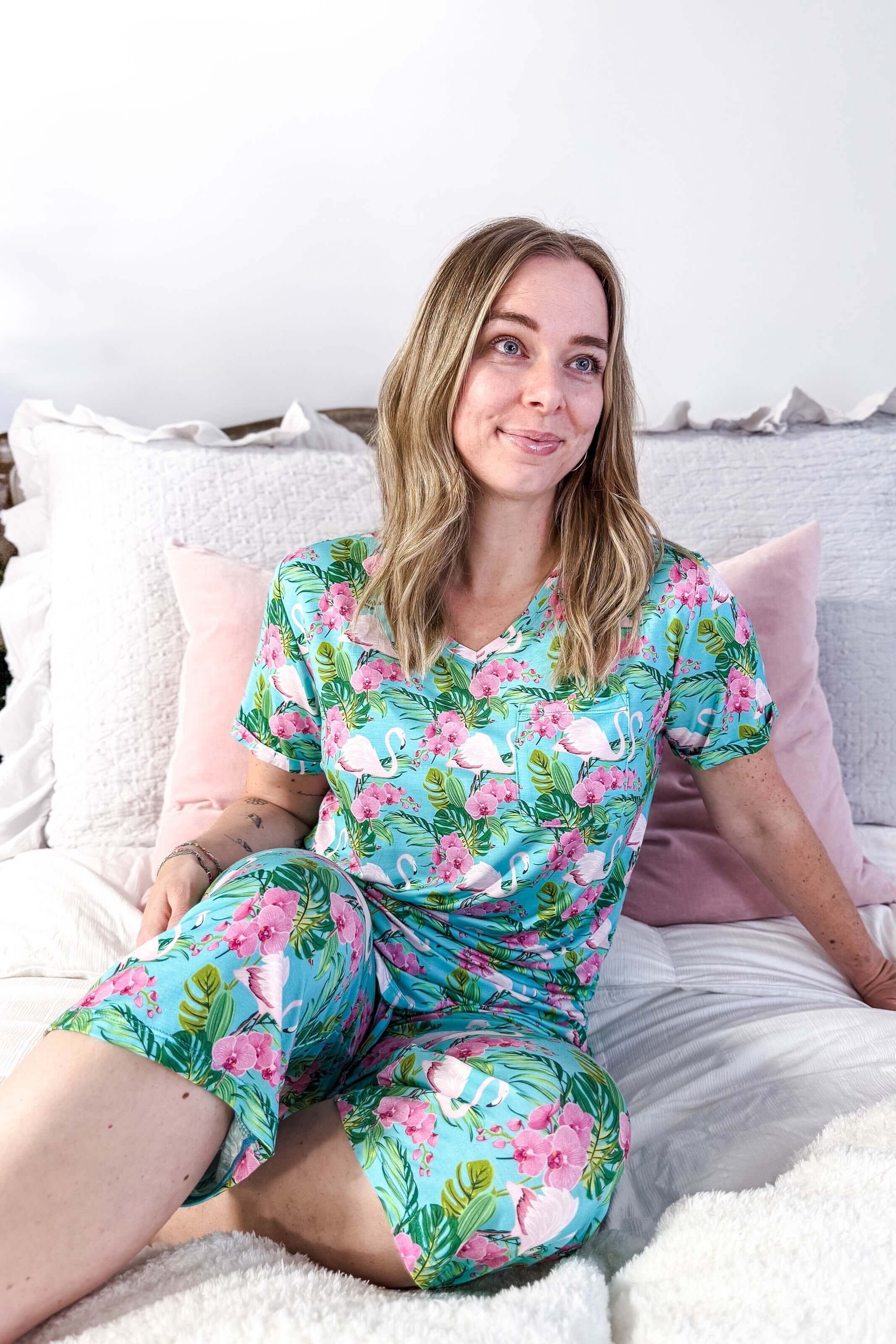 Tropic Like It's Hot Print Tee & Capri Bamboo PJ Set | GEORGIA RYLAN women's loungewear or pyjama set in a tropical flamingo print, classic tee shirt and capri set
