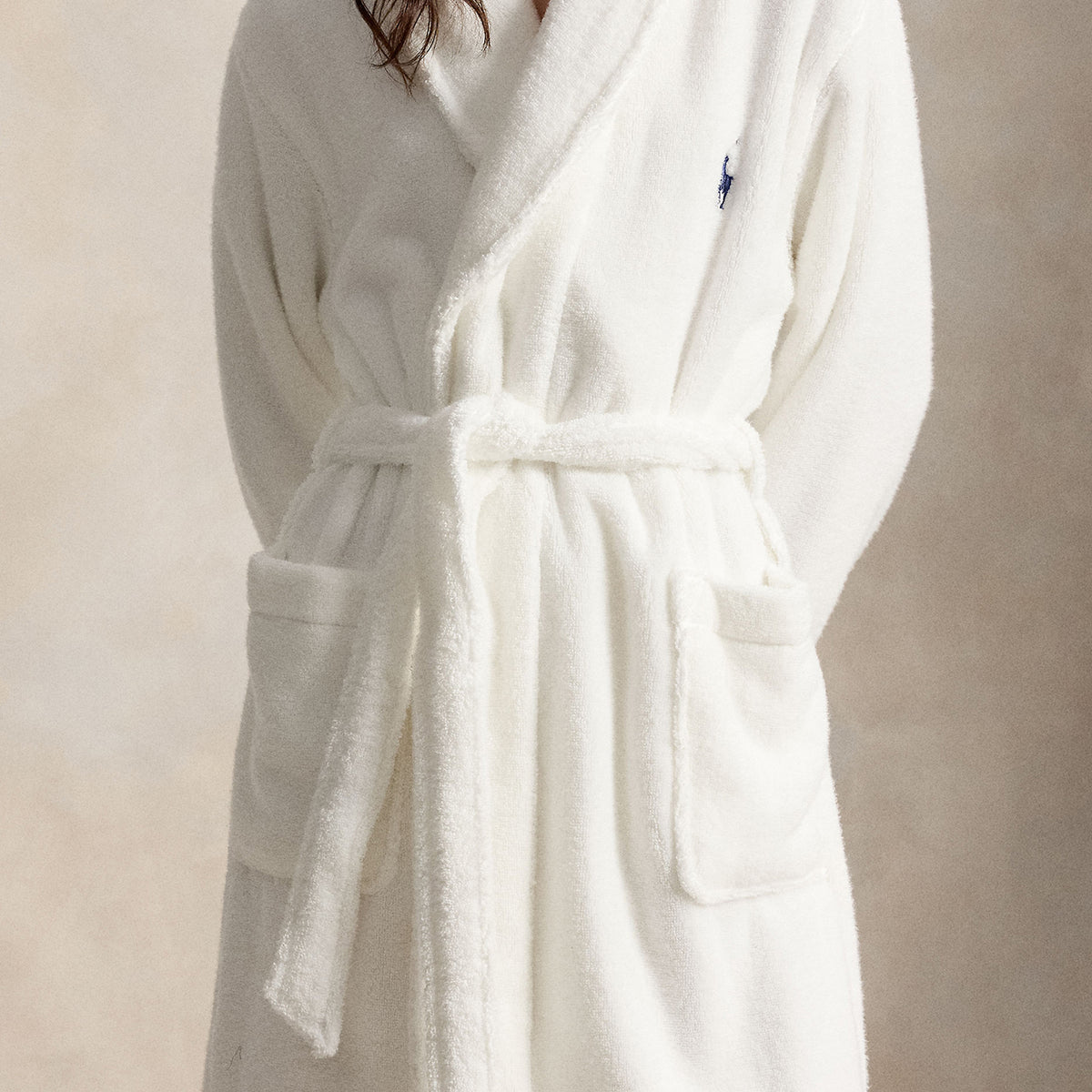 Polo Ralph Lauren Tuxedo Bear Cotton Robe front view on model Big Pony embroidery — Cloud Nine Pajamas Edmonton