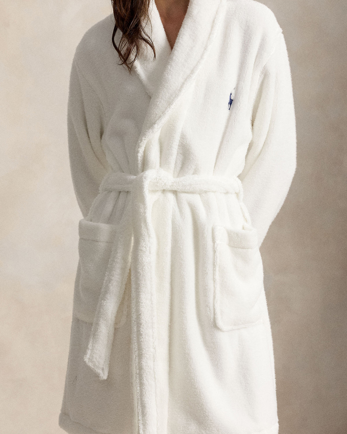 Polo Ralph Lauren Tuxedo Bear Cotton Robe front view on model Big Pony embroidery — Cloud Nine Pajamas Edmonton