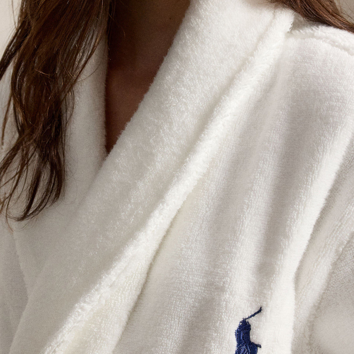 Polo Ralph Lauren Tuxedo Bear Cotton Robe front view on model Big Pony embroidery — Cloud Nine Pajamas Edmonton