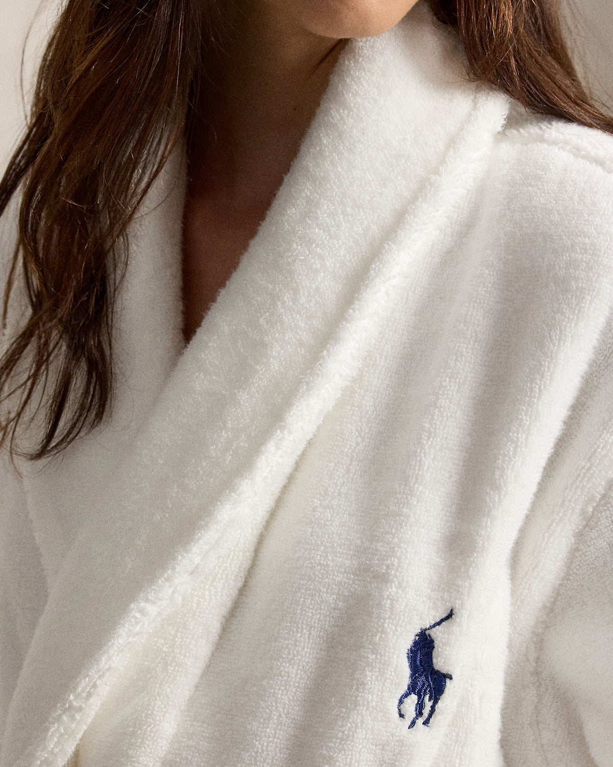 Polo Ralph Lauren Tuxedo Bear Cotton Robe front view on model Big Pony embroidery — Cloud Nine Pajamas Edmonton