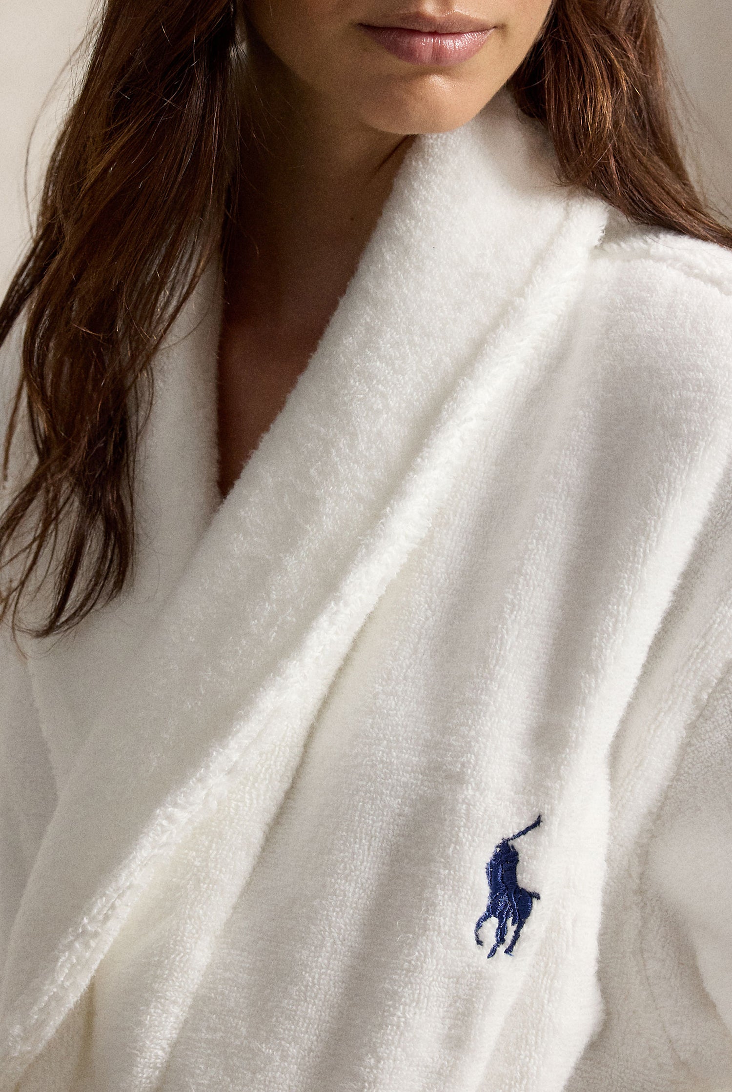 Polo Ralph Lauren Tuxedo Bear Cotton Robe front view on model Big Pony embroidery — Cloud Nine Pajamas Edmonton