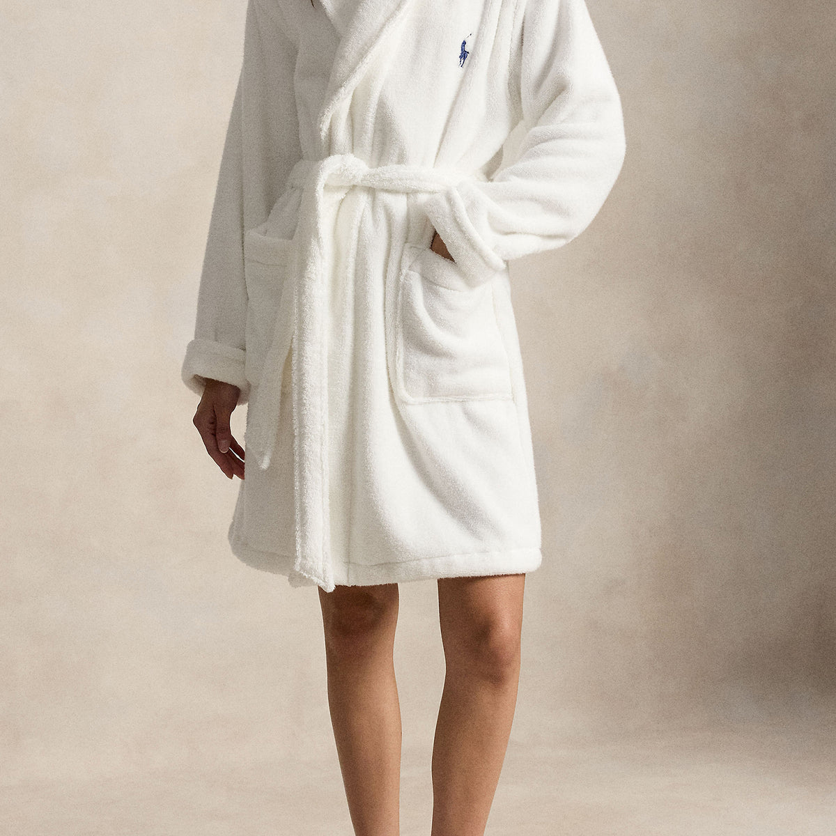 Polo Ralph Lauren Tuxedo Bear Cotton Robe front view on model Big Pony embroidery — Cloud Nine Pajamas Edmonton
