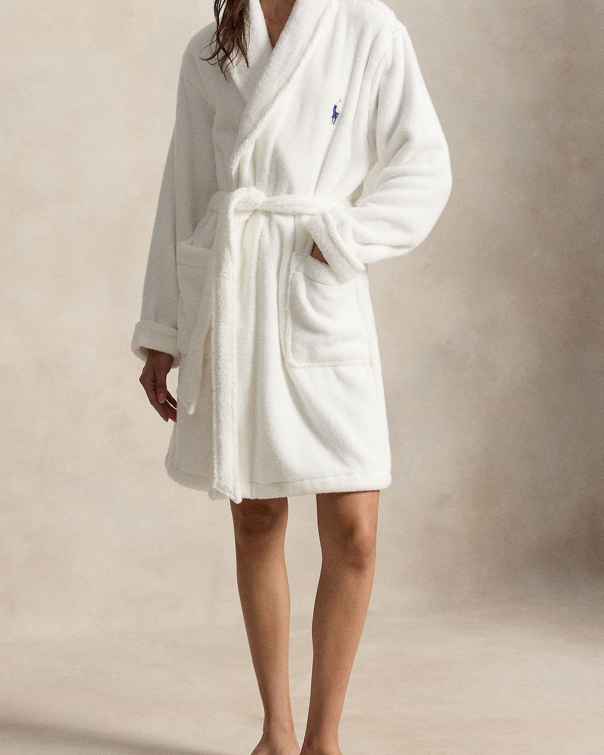 Polo Ralph Lauren Tuxedo Bear Cotton Robe front view on model Big Pony embroidery — Cloud Nine Pajamas Edmonton