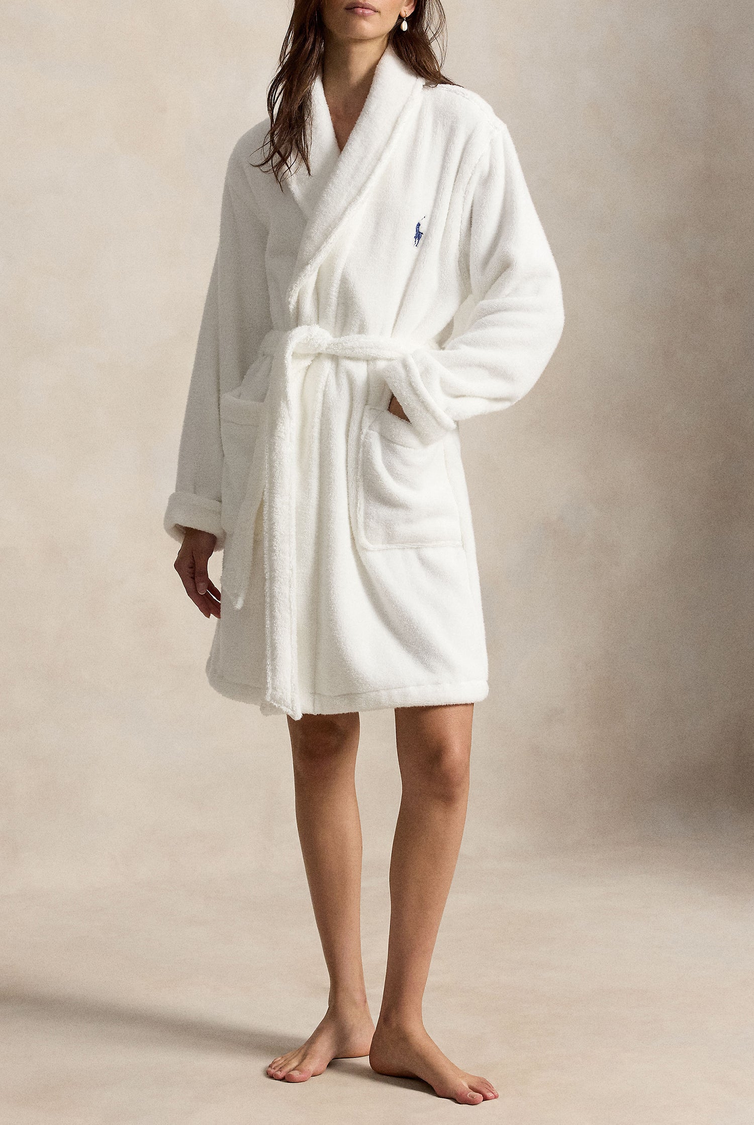 Polo Ralph Lauren Tuxedo Bear Cotton Robe front view on model Big Pony embroidery — Cloud Nine Pajamas Edmonton
