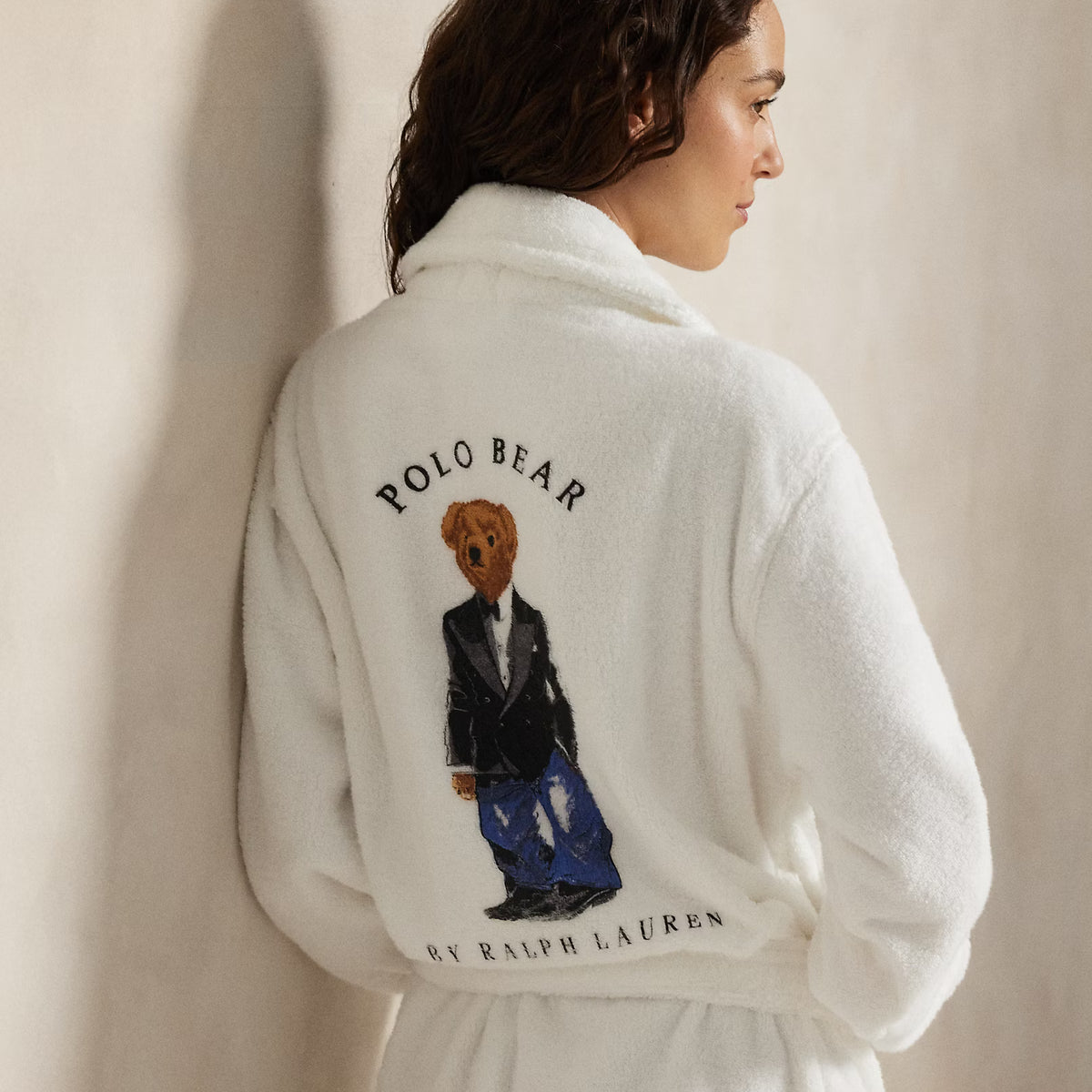 Polo Ralph Lauren Tuxedo Bear Robe centre back showing tuxedo Polo Bear print — Cloud Nine Pajamas