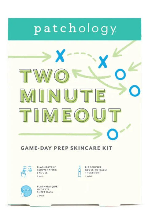 Patchology Two Minute Timeout skincare kit packaging on a white background, Patchology Two Minute Time Out game day skincare kit eye gels mask