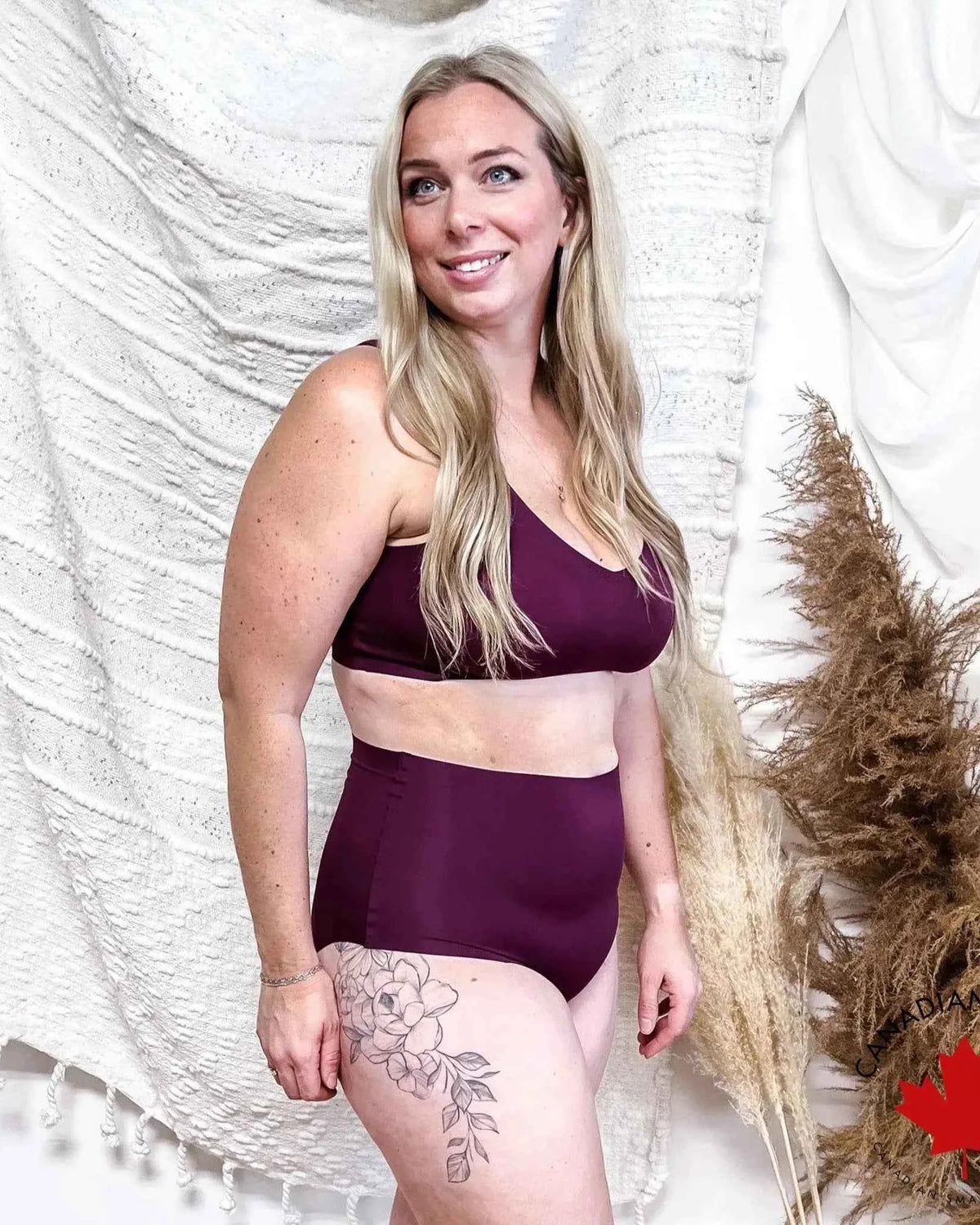 Katie Em Undies Ultimate High Rise Seamless Brief on model PLUM — Cloud Nine Pajamas Edmonton