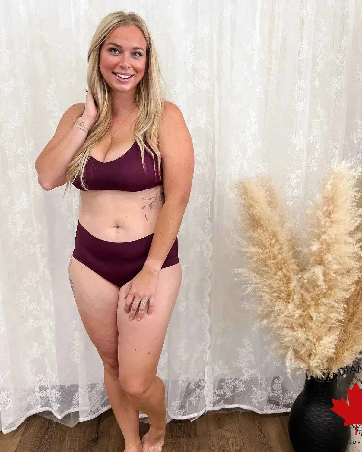 Katie Em Undies Ultimate Seamless Mid Rise Brief plum on model — Cloud Nine Pajamas Edmonton