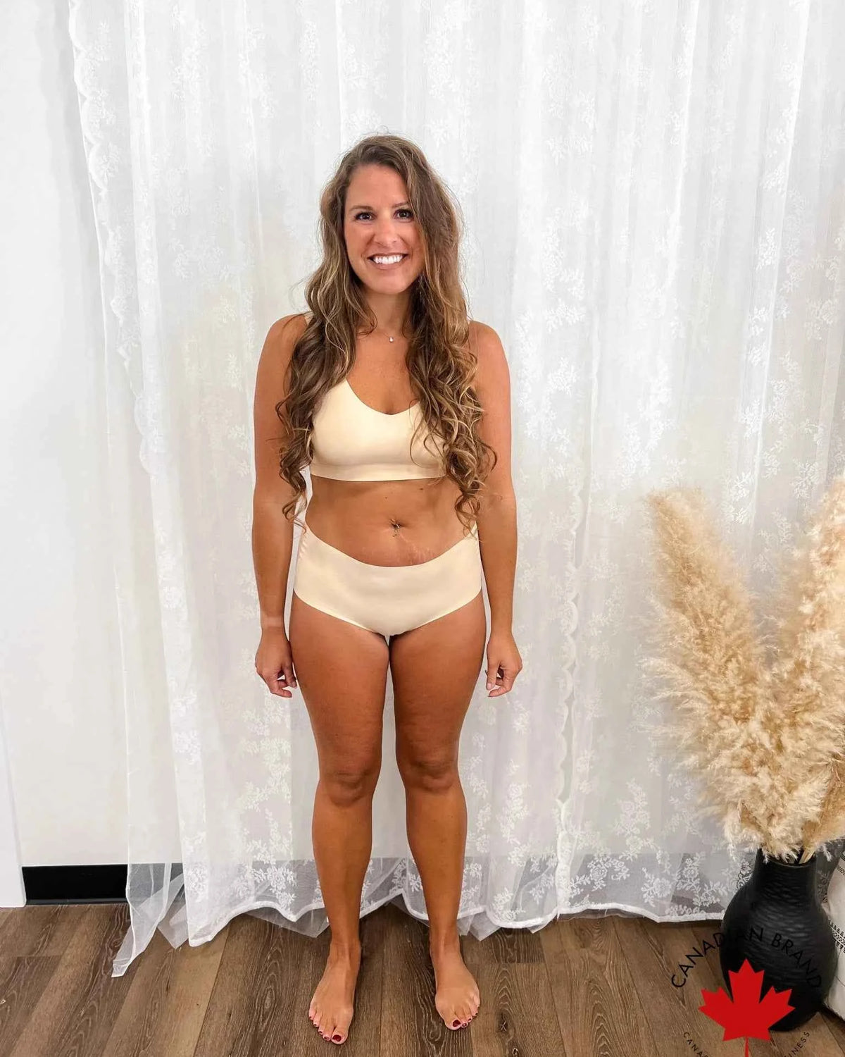 Katie Em Undies Ultimate Seamless Mid Rise Brief nude on model front view — Cloud Nine Pajamas Edmonton