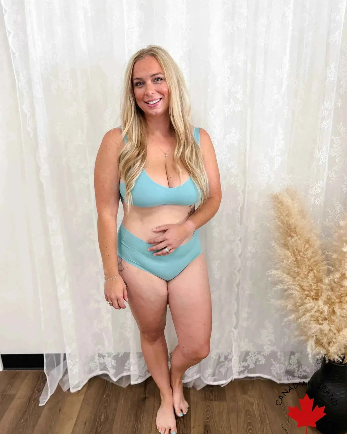 Katie Em Undies Ultimate Seamless Mid Rise Brief nordic blue on model — Cloud Nine Pajamas Edmonton
