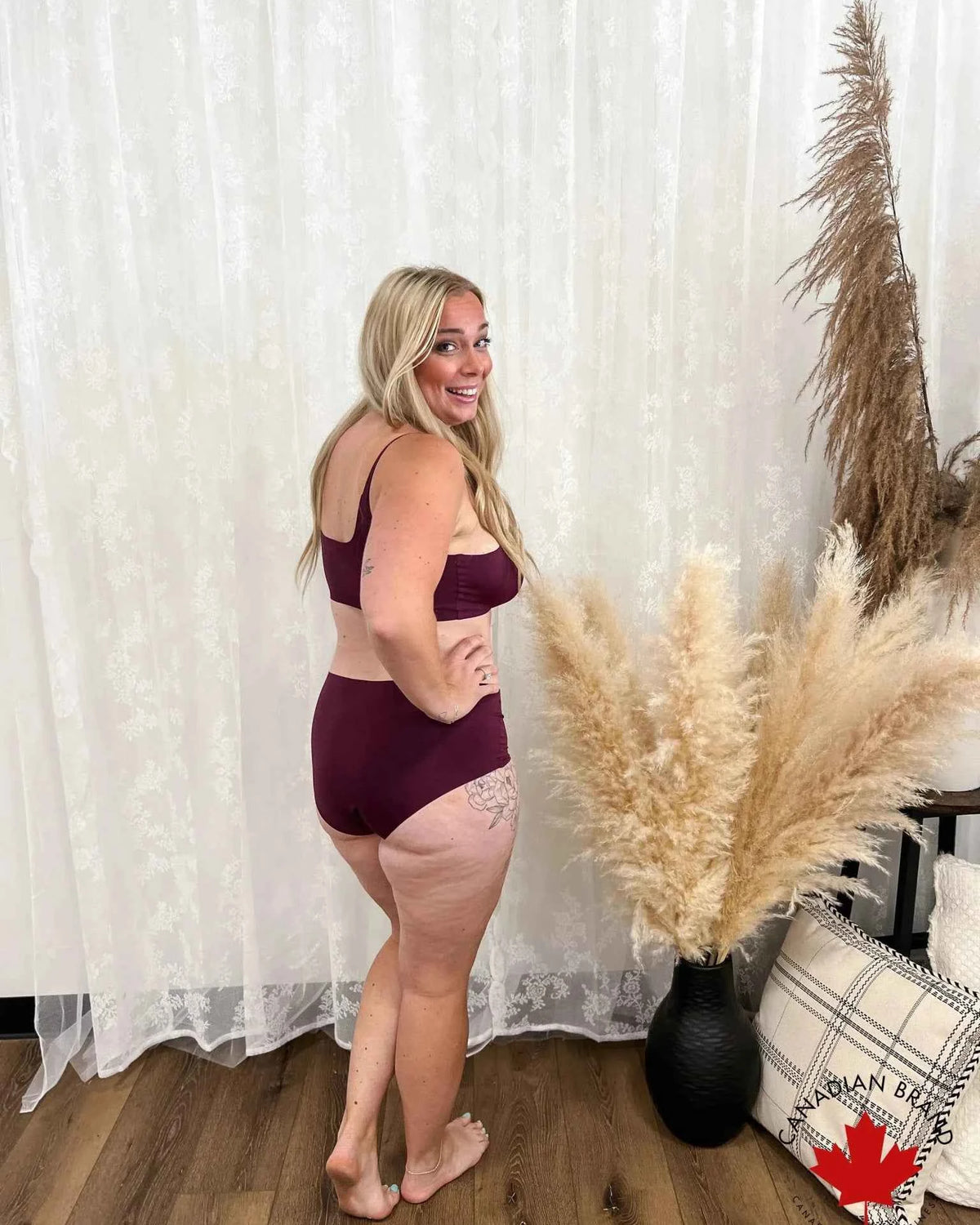 Katie Em Undies Ultimate Seamless Mid Rise Brief plum, back view on model — Cloud Nine Pajamas Edmonton