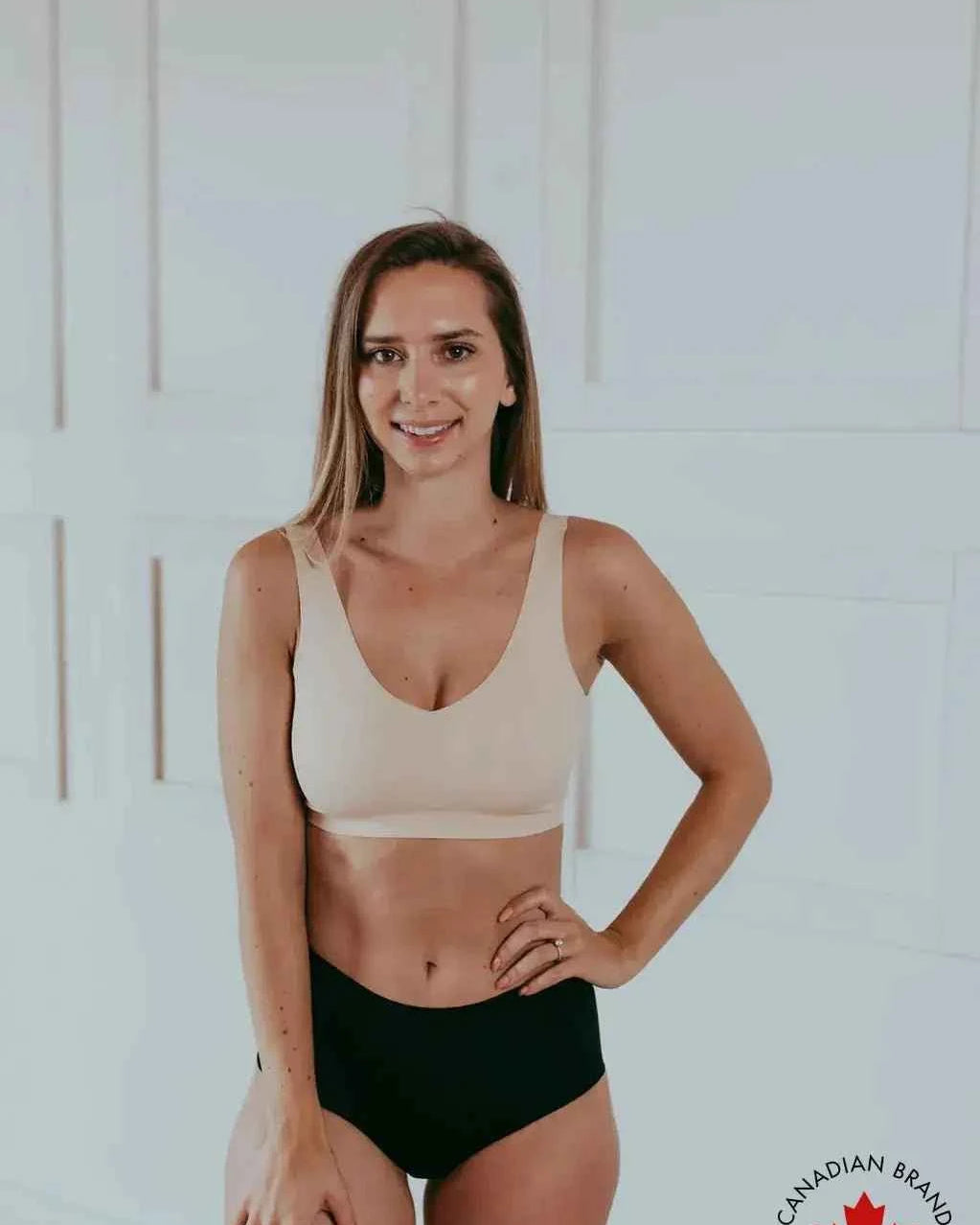 Katie Em Undies Ultimate Seamless Mid Rise Brief black front view on model — Cloud Nine Pajamas Edmonton
