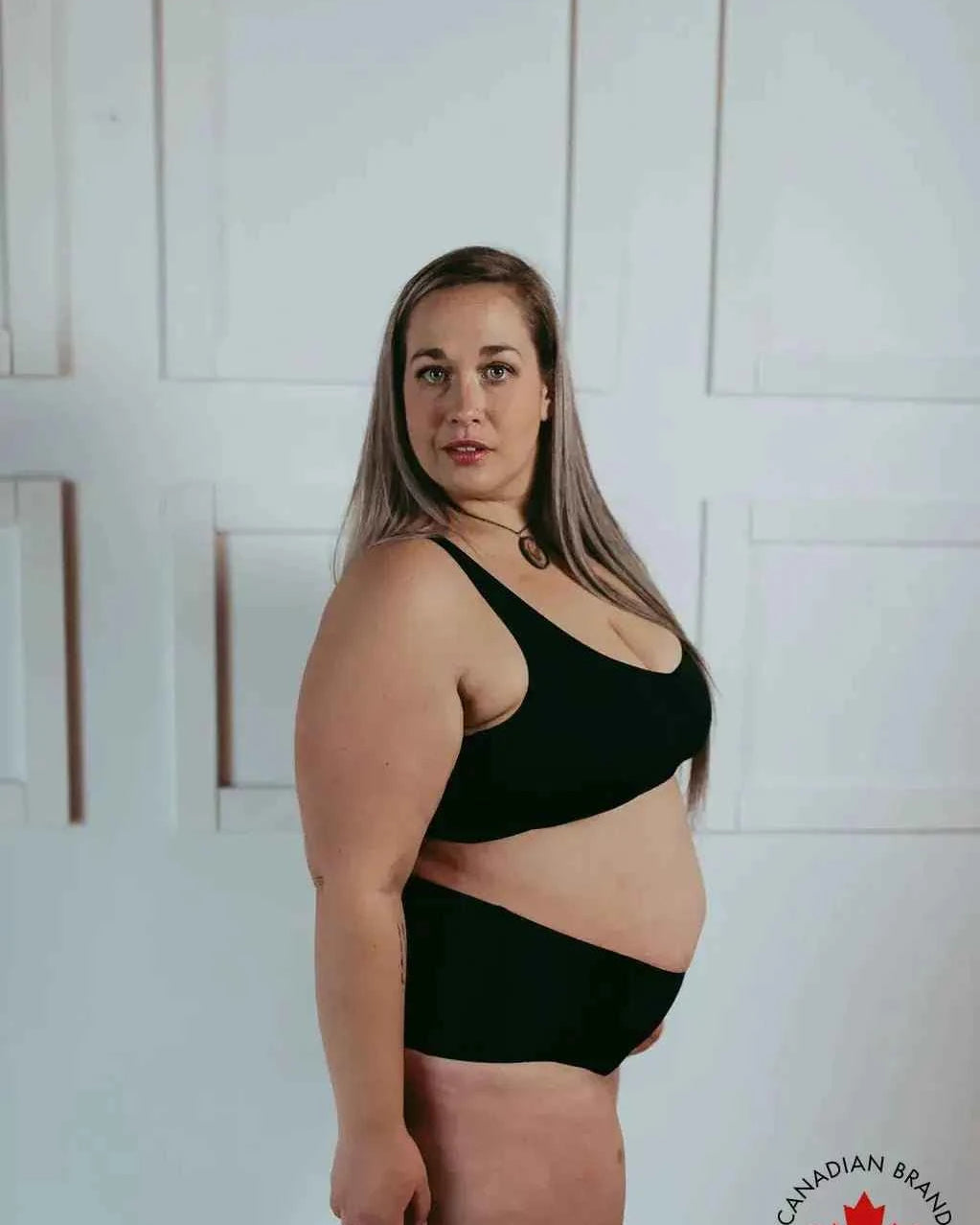 Katie Em Undies Ultimate Seamless Mid Rise Brief black side view on model — Cloud Nine Pajamas Edmonton