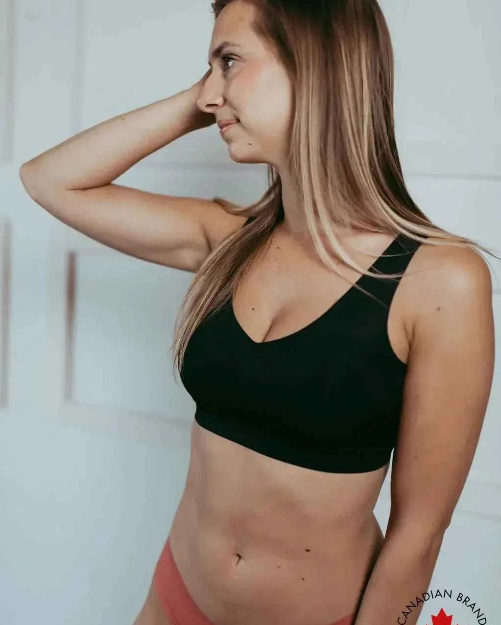Katie Em Undies Ultimate Seamless Wireless Bra black on model — Cloud Nine Pajamas Edmonton