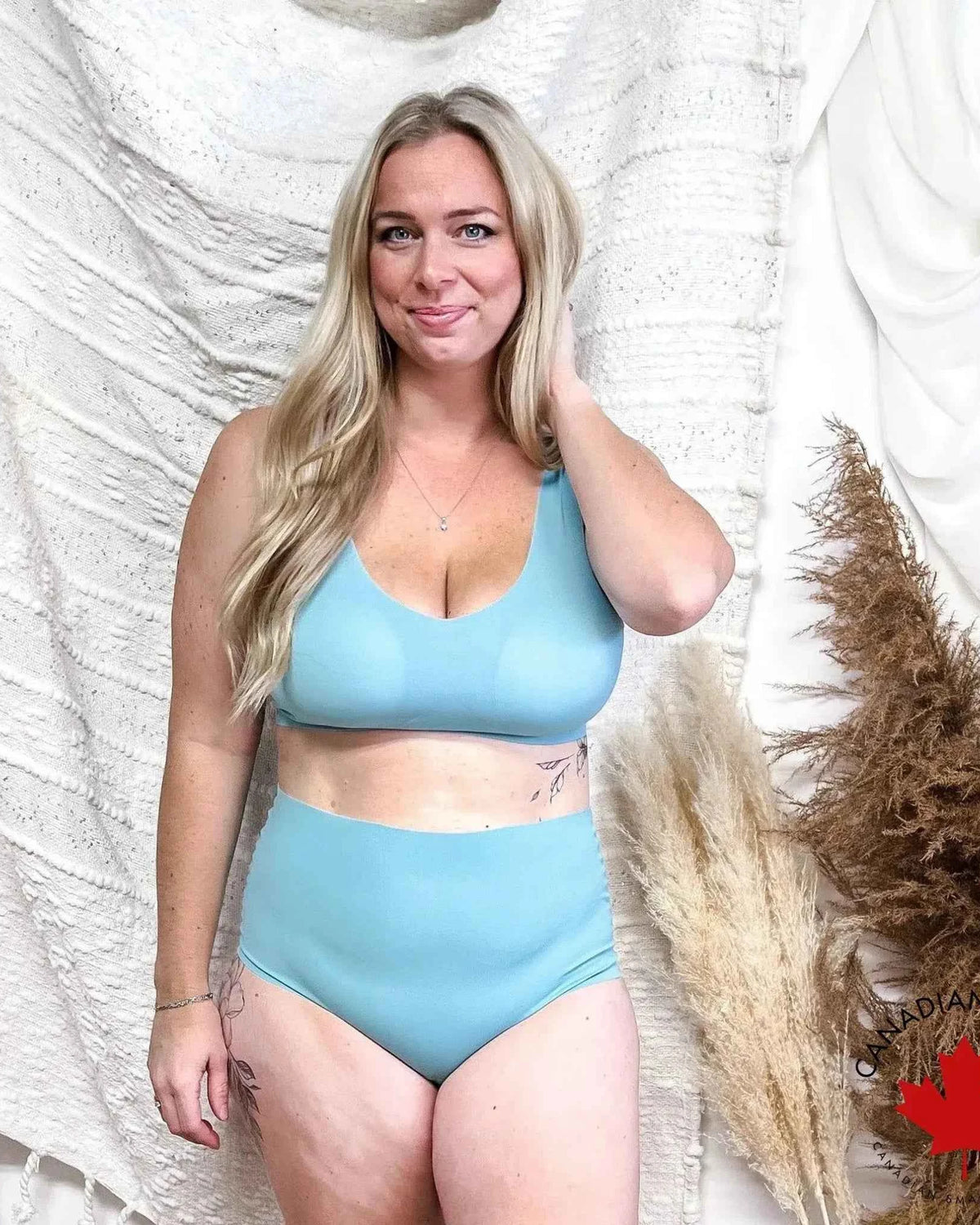 Katie Em Undies Ultimate Seamless Wireless Bra nordic blue on model — Cloud Nine Pajamas Edmonton
