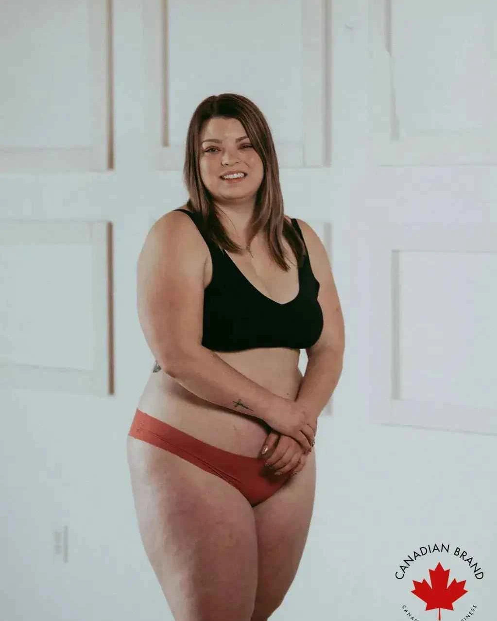 Katie Em Undies Ultimate Seamless Wireless Bra black on model — Cloud Nine Pajamas Edmonton