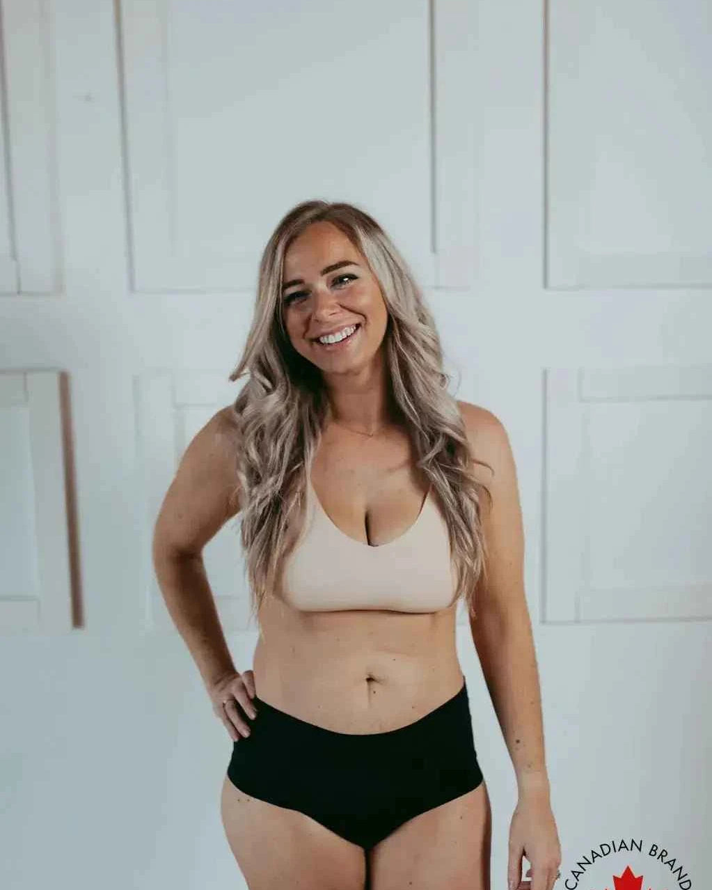 Katie Em Undies Ultimate Seamless Wireless Bra nude on model — Cloud Nine Pajamas Edmonton