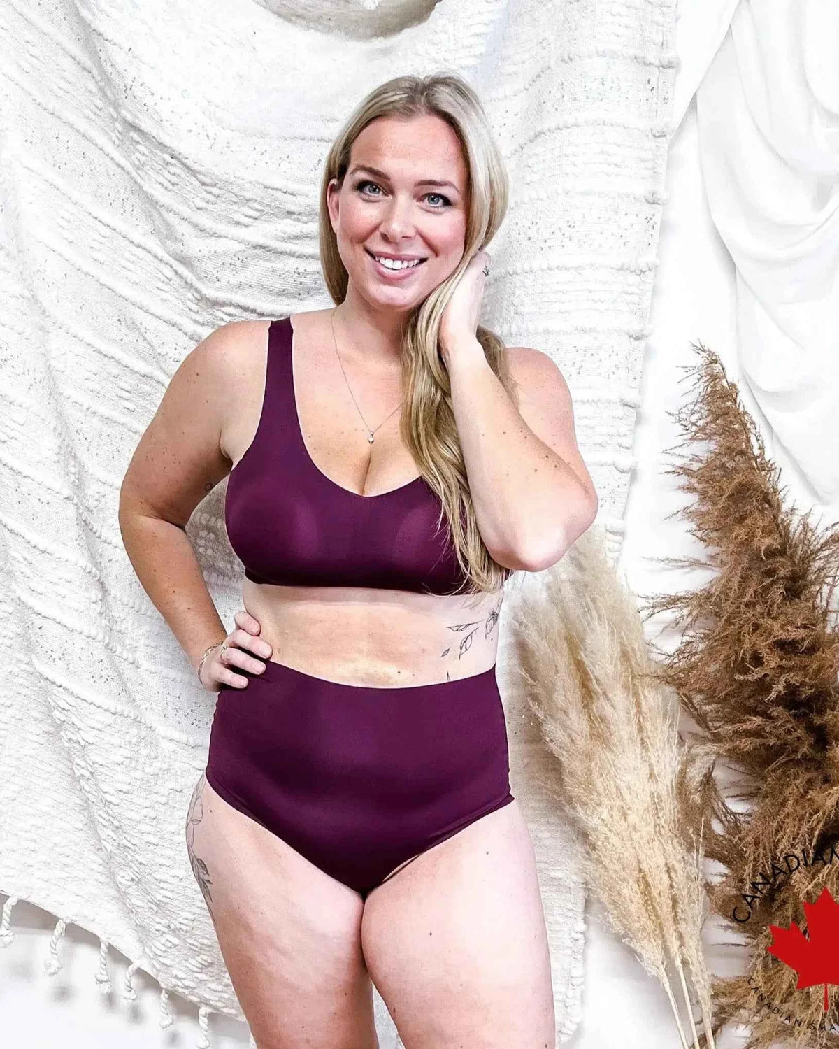 Katie Em Undies Ultimate Seamless Wireless Bra plum on model — Cloud Nine Pajamas Edmonton