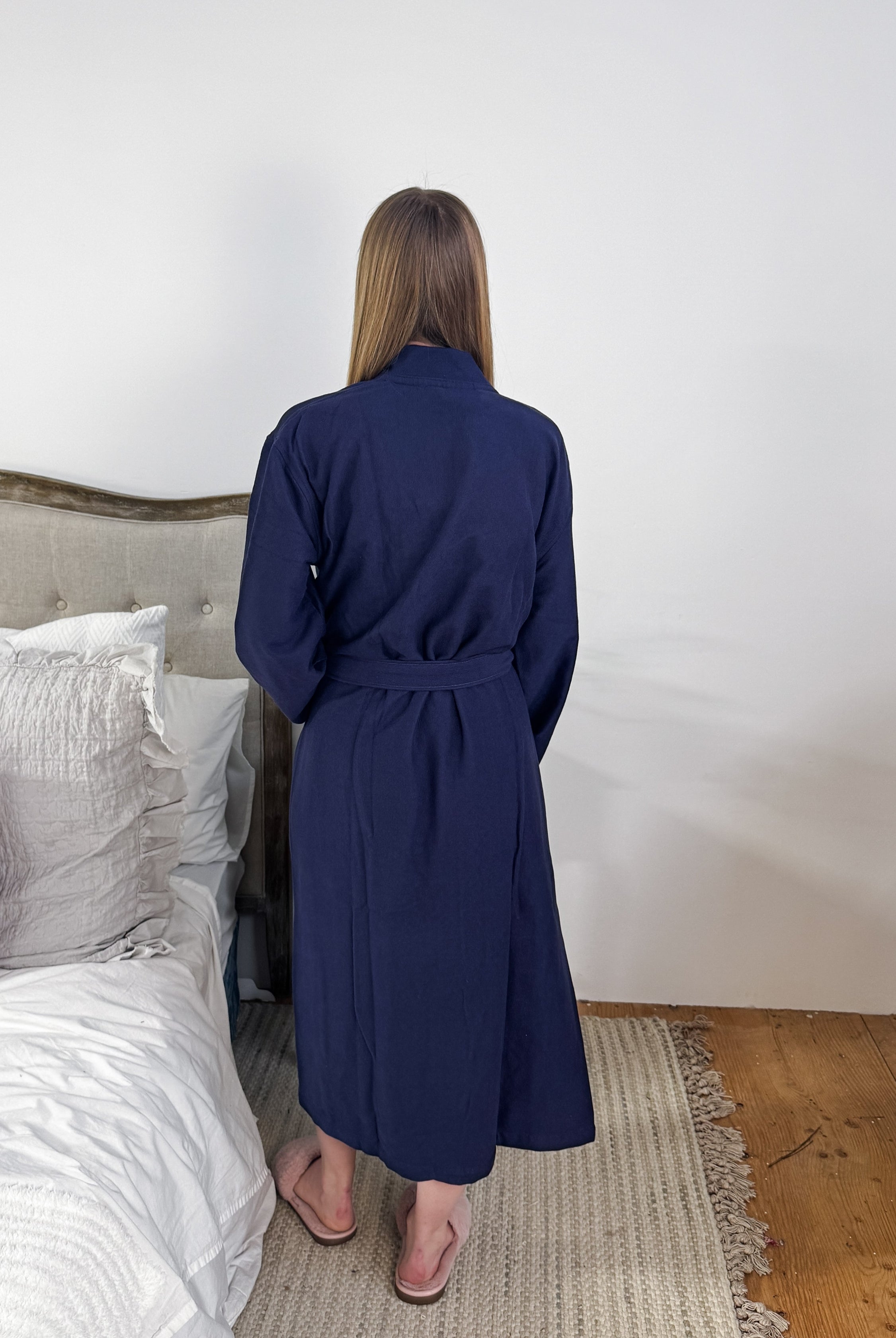 dark navy mid length terry robe unisex CARL ROSS