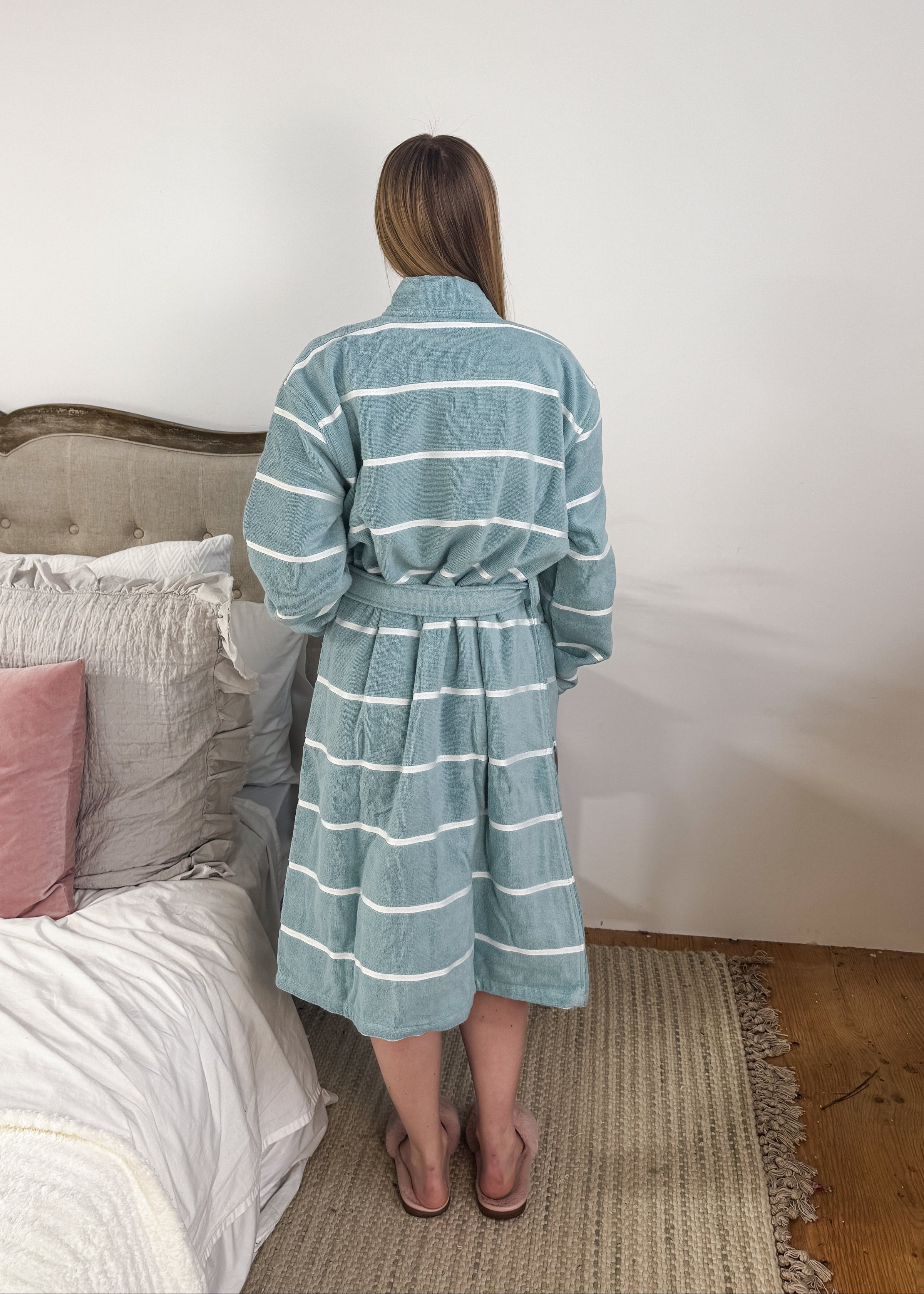 women's striped lightweight cotton terry robe spa resort CARL ROSS