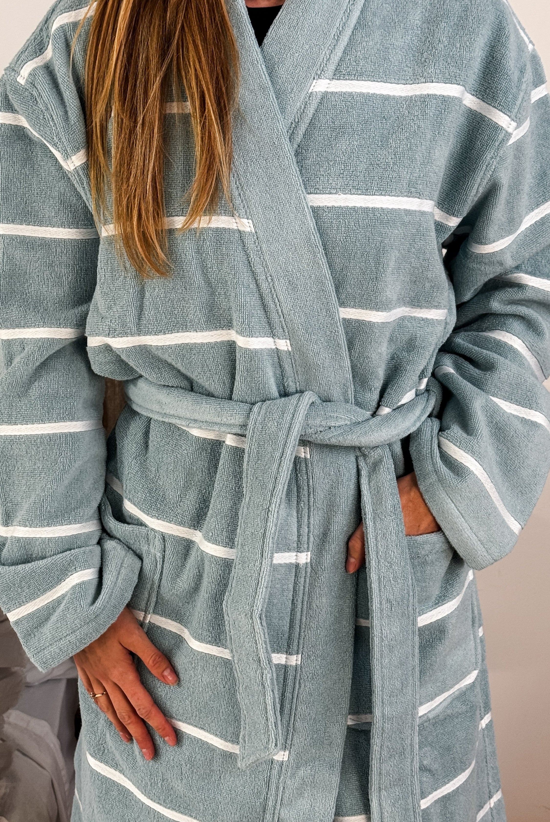 women's striped lightweight cotton terry robe spa resort CARL ROSS