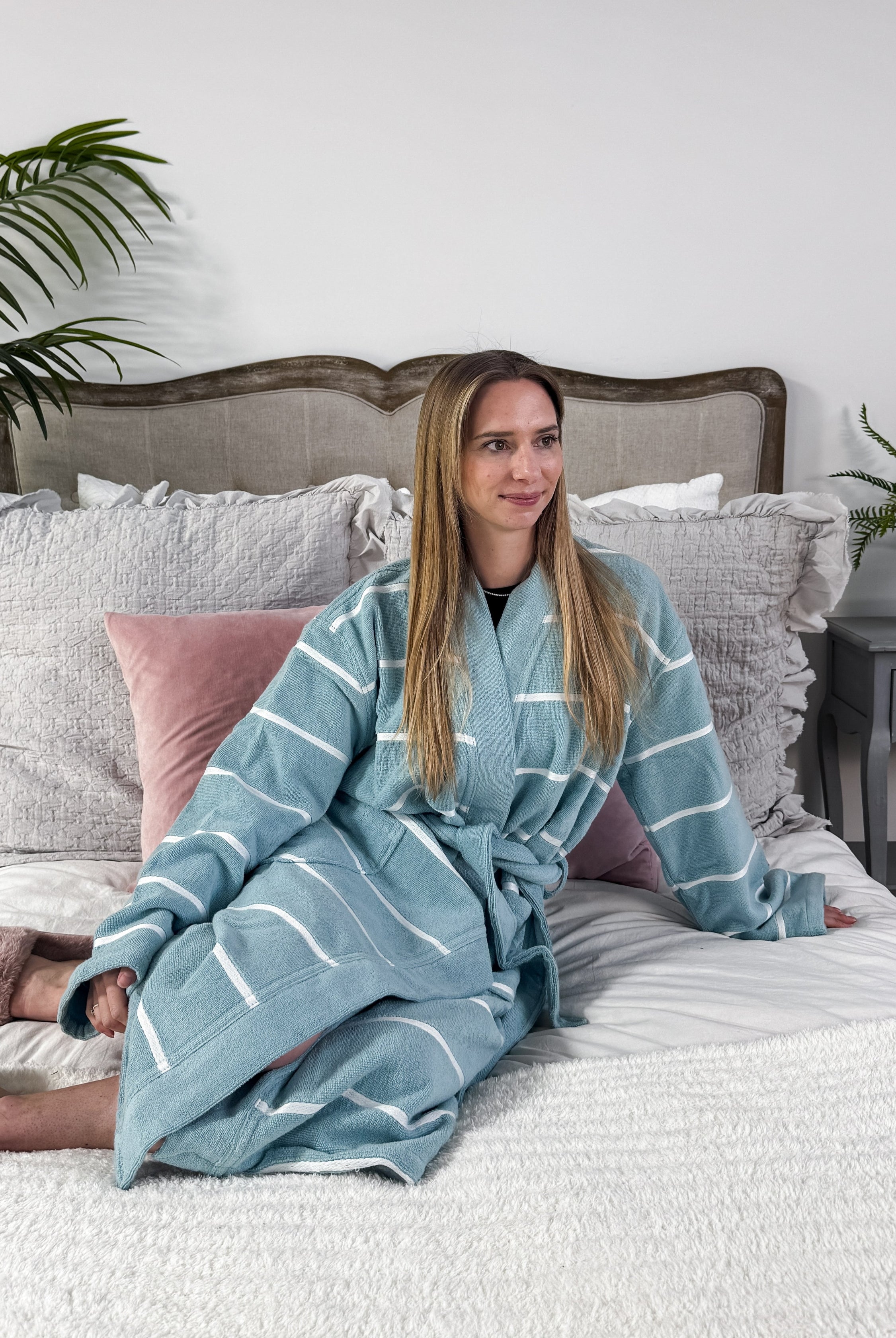 women's striped lightweight cotton terry robe spa resort CARL ROSS