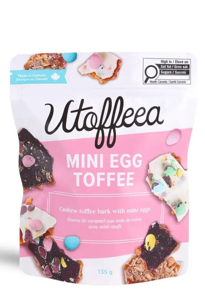 Utoffeea Canada Handcrafted Toffee Mini Egg Toffee 135g bag featuring colorful mini eggs and cashew toffee bark.