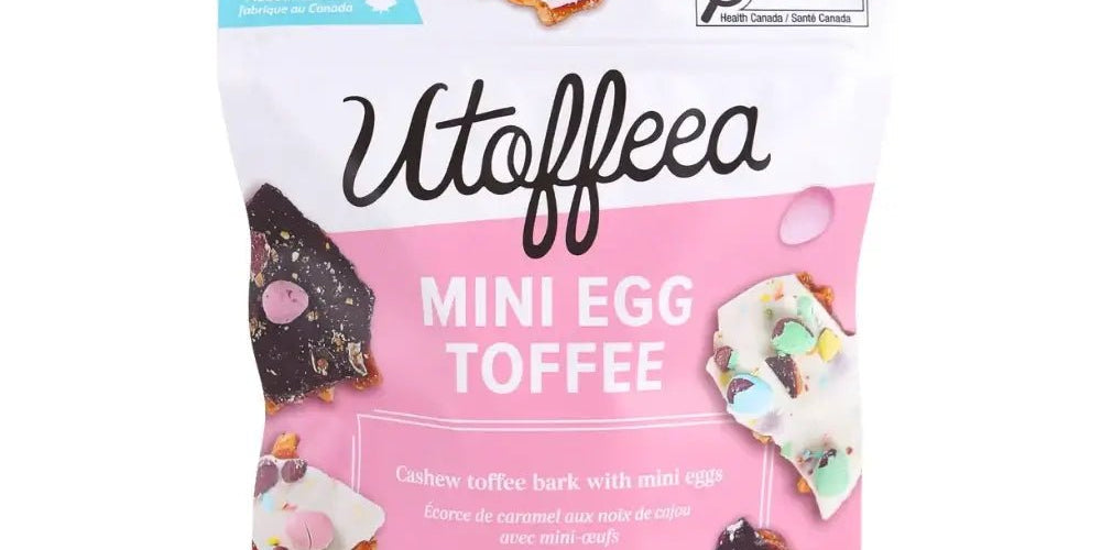 Utoffeea Canada Handcrafted Toffee Mini Egg Toffee 135g bag featuring colorful mini eggs and cashew toffee bark.