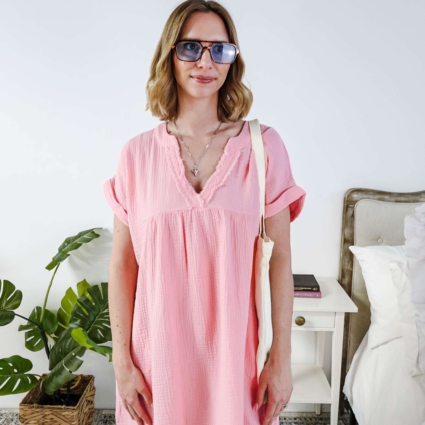 women in light weight gauze cotton pink dress Scarlett Ellie V-Neck Gauze Dress | Lightweight Summer Dress | Cloud Nine Pajamas
