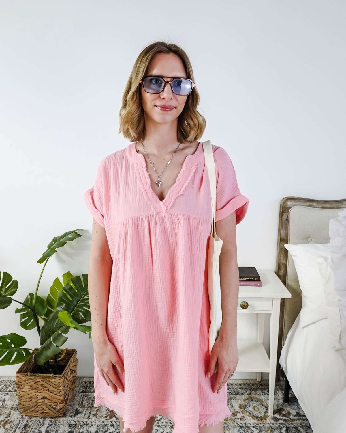 women in light weight gauze cotton pink dress Scarlett Ellie V-Neck Gauze Dress | Lightweight Summer Dress | Cloud Nine Pajamas