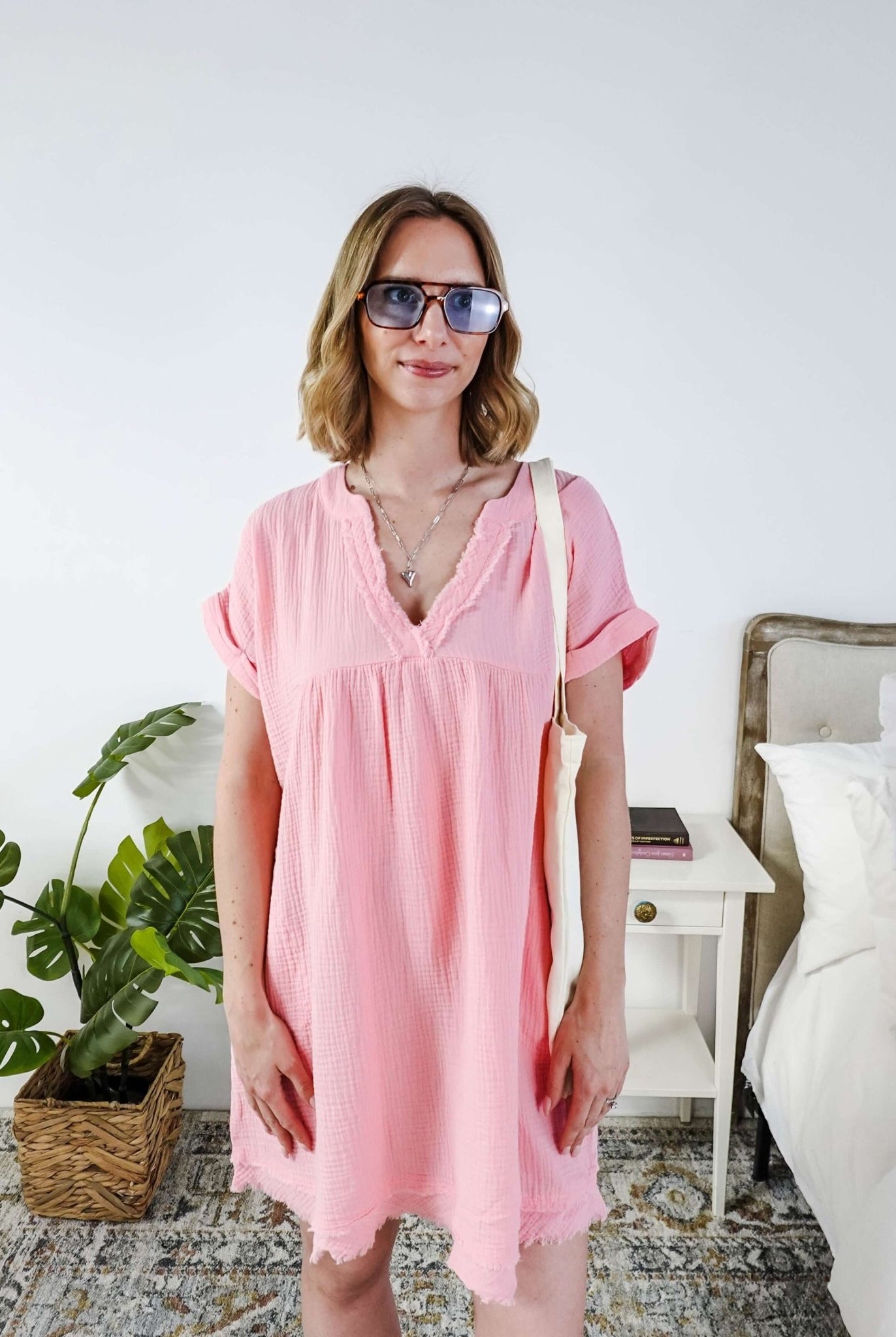 women in light weight gauze cotton pink dress Scarlett Ellie V-Neck Gauze Dress | Lightweight Summer Dress | Cloud Nine Pajamas