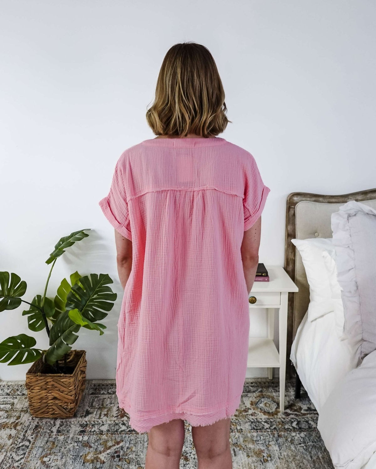 women in light weight gauze cotton pink dress showing back of the dress - Scarlett Ellie V-Neck Gauze Dress | Lightweight Summer Dress | Cloud Nine Pajamas