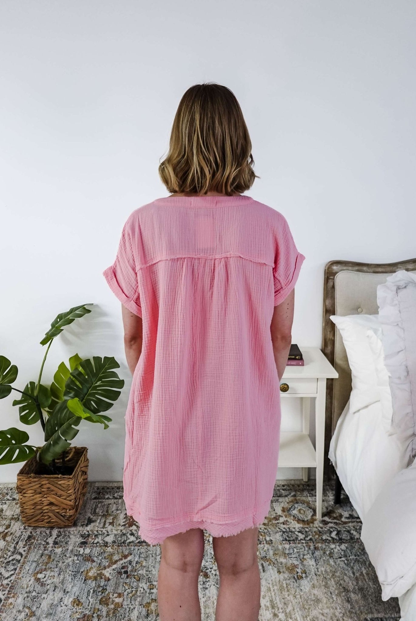 women in light weight gauze cotton pink dress showing back of the dress - Scarlett Ellie V-Neck Gauze Dress | Lightweight Summer Dress | Cloud Nine Pajamas