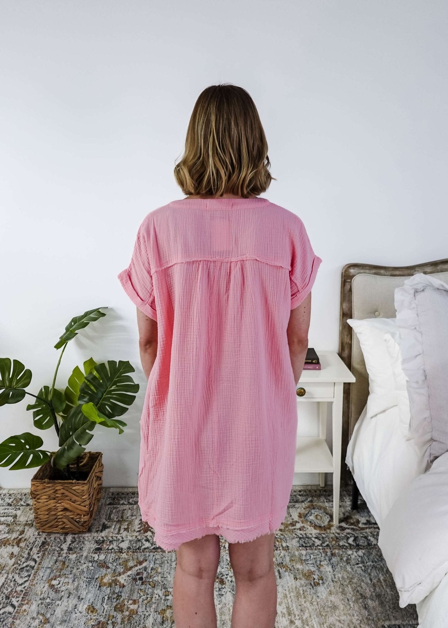 women in light weight gauze cotton pink dress showing back of the dress - Scarlett Ellie V-Neck Gauze Dress | Lightweight Summer Dress | Cloud Nine Pajamas