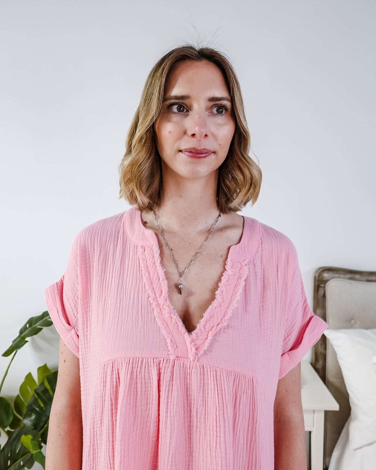 women in light weight gauze cotton pink dress - closeup showing frayed vneck neckline - Scarlett Ellie V-Neck Gauze Dress | Lightweight Summer Dress | Cloud Nine Pajamas